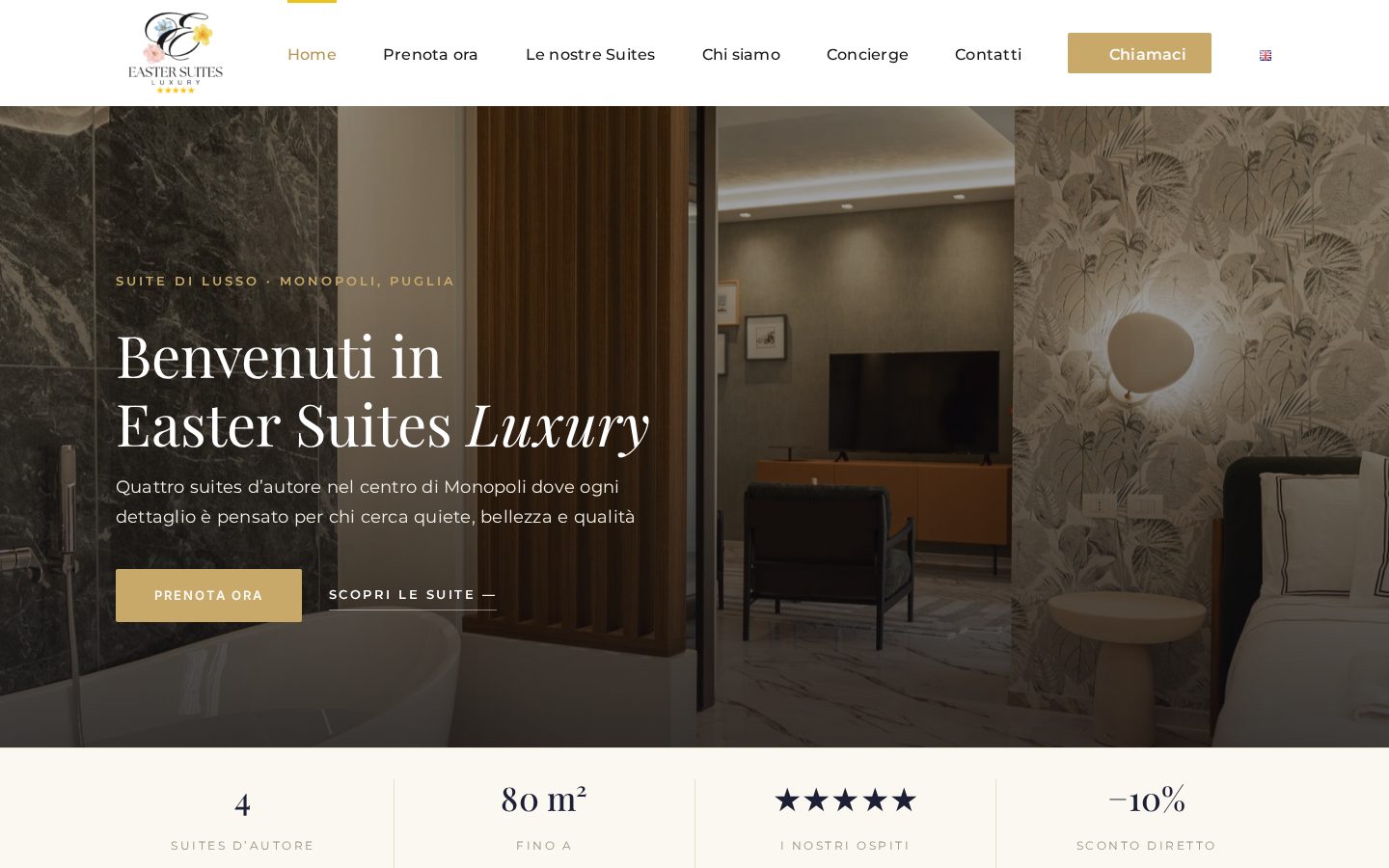 Schermata del sito web di Easter Suites Luxury, Suite di lusso a Monopoli, Puglia
