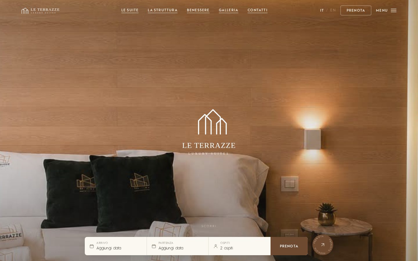 Schermata del sito web di Le Terrazze Luxury Suites, Suite private a Adelfia, Puglia